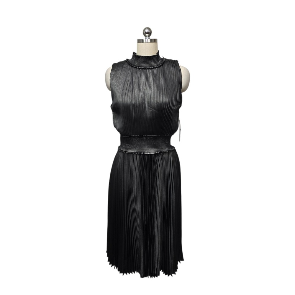 Nanette Lepore Charcoal Gray Pleated Smocked Mock Neck Midi Dress Sz 10 Metallic